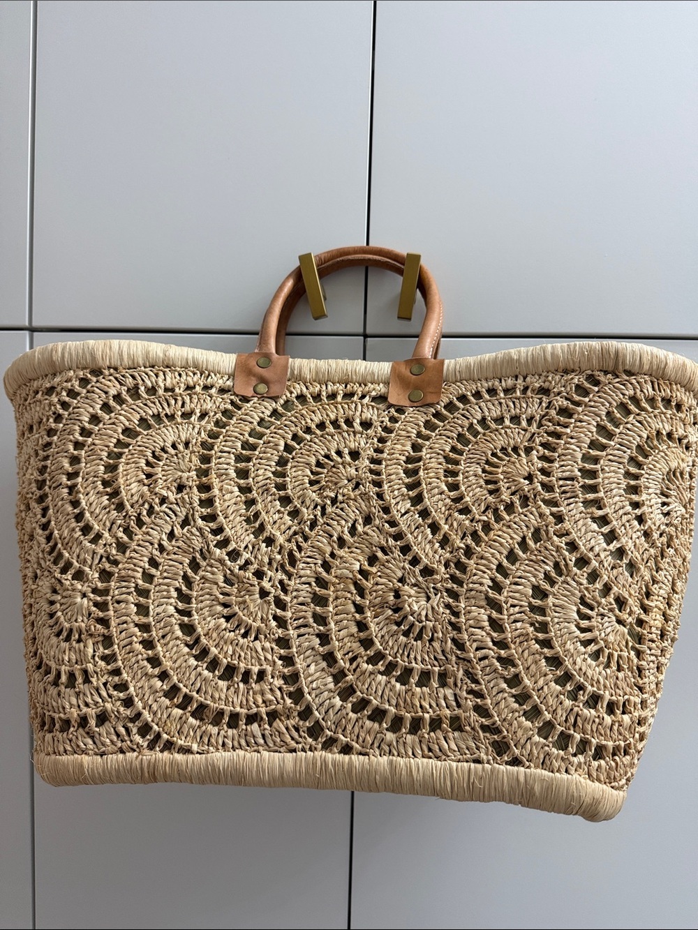 Crochet Straw Tote Bag with Leather Handles - Natural